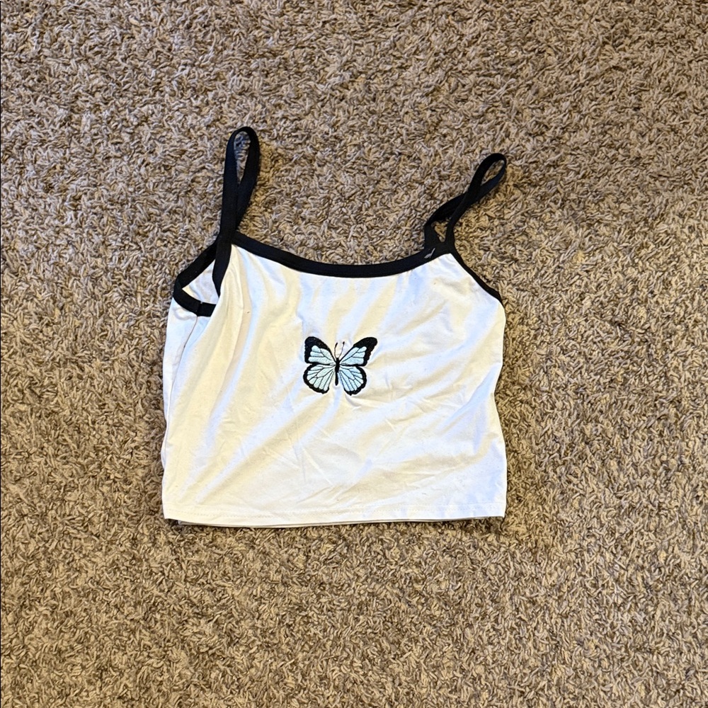 SHEIN White and Black Butterfly Crop Top